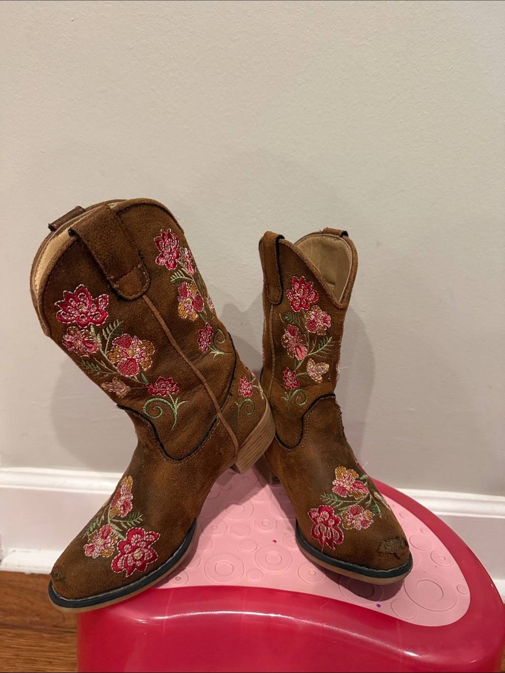 Kids Brown Floral Embroidered Western Cowboy Boots